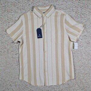 Ben Sherman Safari Shirt Beige Stripe Knit Mens LARGE Button Up Short Sleeve NWT